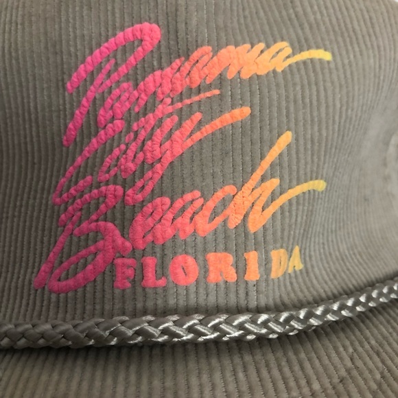 Vintage Corduroy Baseball Cap Hat Panama City Beach Florida Beige and Neon Print - Picture 3 of 8